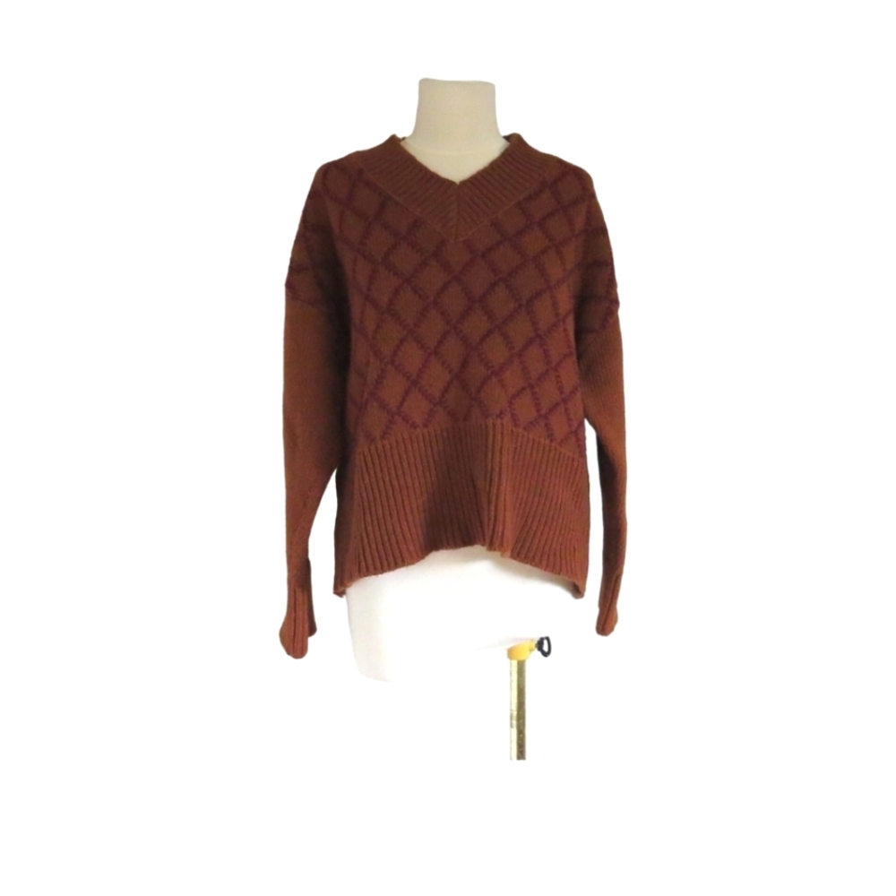 Vintage v neck argyle sweater ribbed knit size medium brown diamond pattern